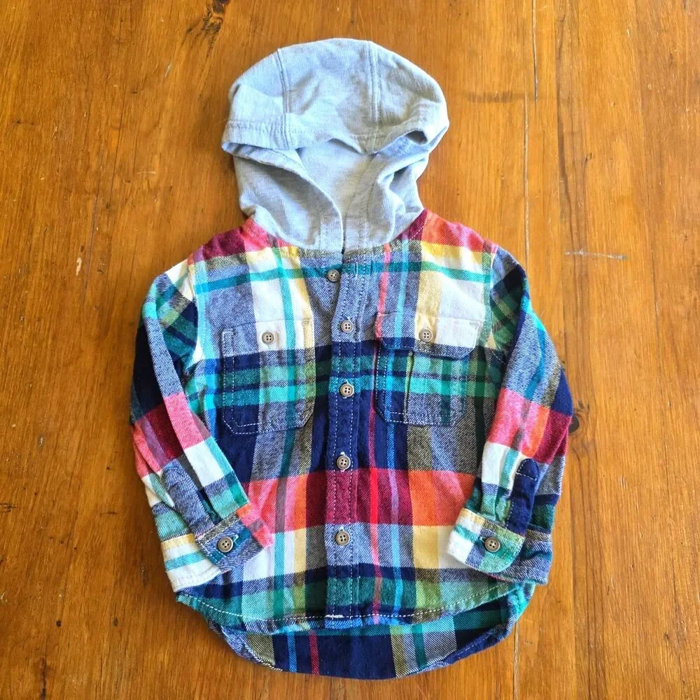 Gymboree 12-18 months Boys shirt flannel plaid with Hood Shacket Fall Light